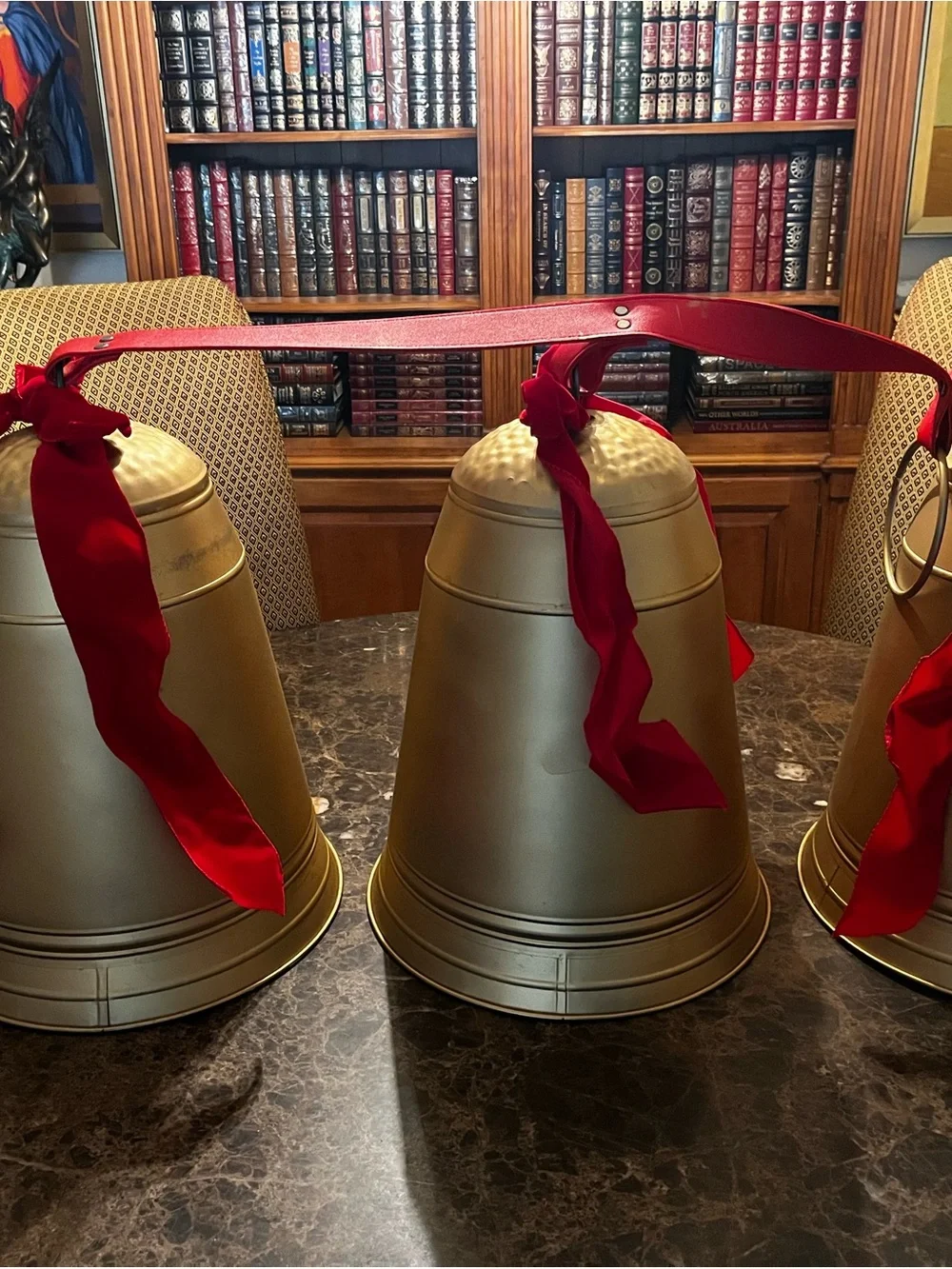 Gold Bell Wall Hanging with Red Ribbon Holiday Accent